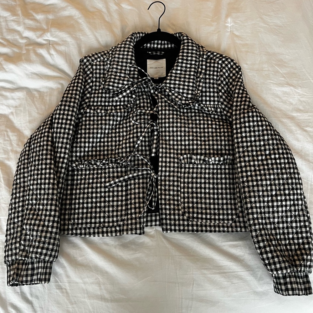 Avec Les Filles Black and White Gingham Cropped Jacket with Tie Front